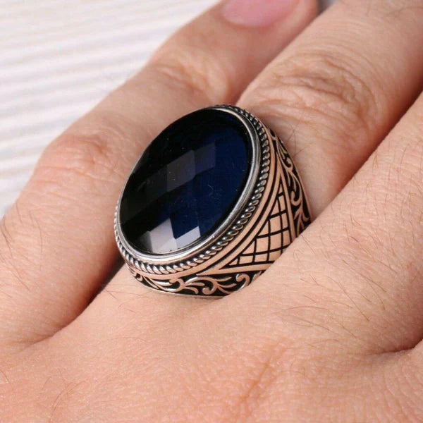 Handmade Silver Facet Sapphire Stone Mens Ring