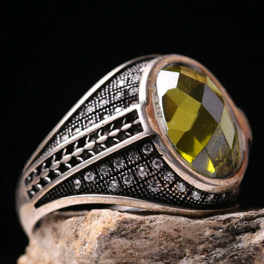 Handmade Silver Faceted Peridot CZ Stone Mens Ring