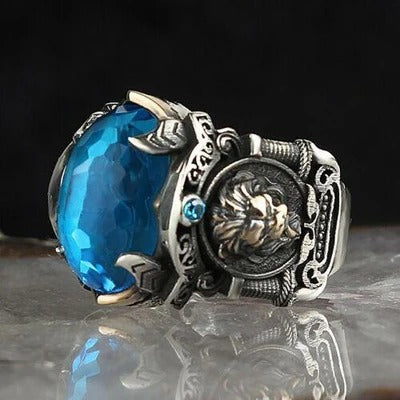 Handmade Silver Lion Aquamarine Stone Mens Ring