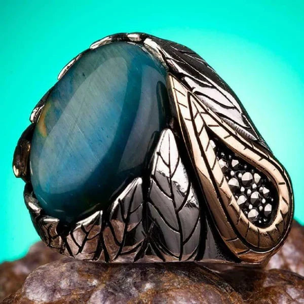 Handmade Silver Natural Blue Tigers Eye Stone Mens Ring