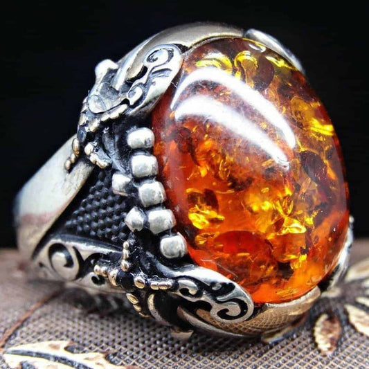 Handmade Silver Natural Hard Amber Mens Ring