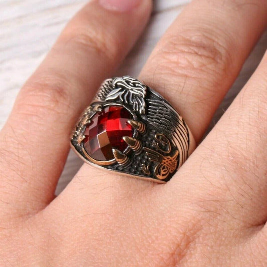 Handmade Silver Ottaman Eagle Ruby Stone Mens Ring