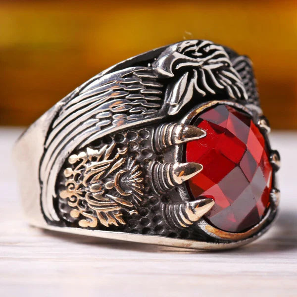 Handmade Silver Ottaman Eagle Ruby Stone Mens Ring