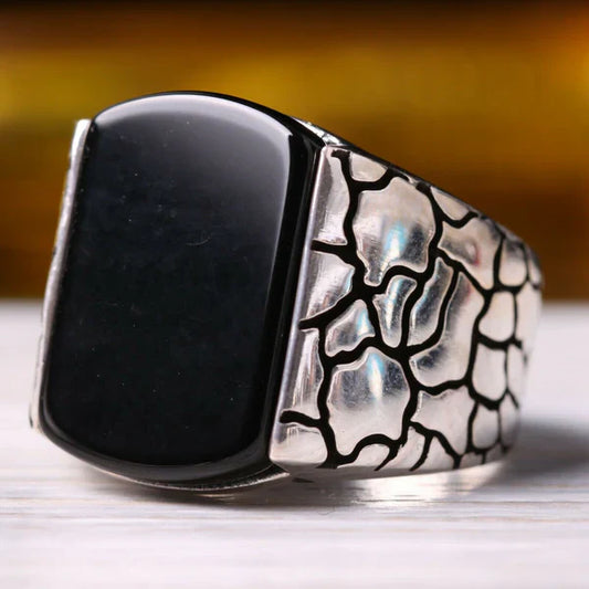 Handmade Silver Sidewalk Style Onyx Stone Mens Ring