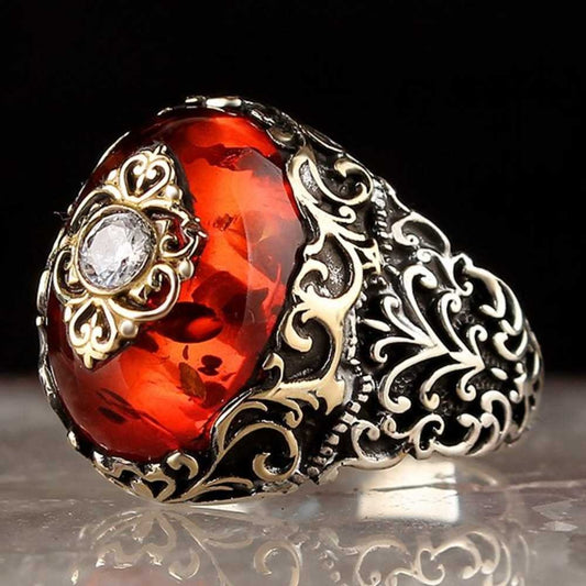 Handmade Amber and Zircon Stone Silver Mens Ring