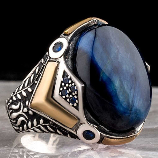 Handmade Blue Tigers Eye Elegant Design Silver Mens Ring