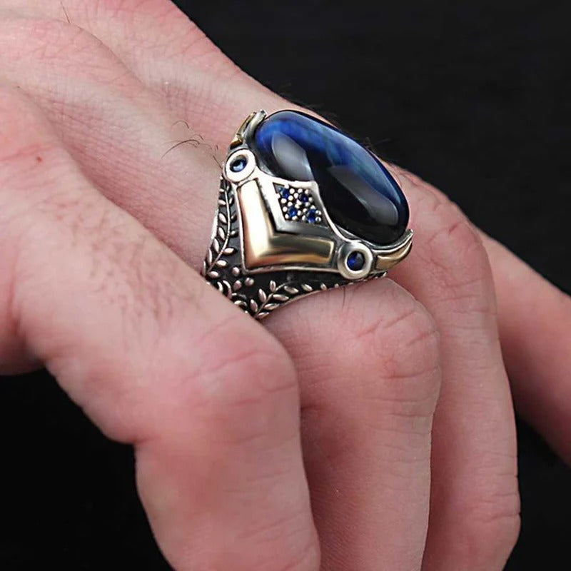 Handmade Blue Tigers Eye Elegant Design Silver Mens Ring