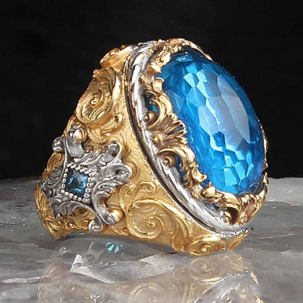 Handmade Engraved Silver Aquamarine Stone Mens Ring