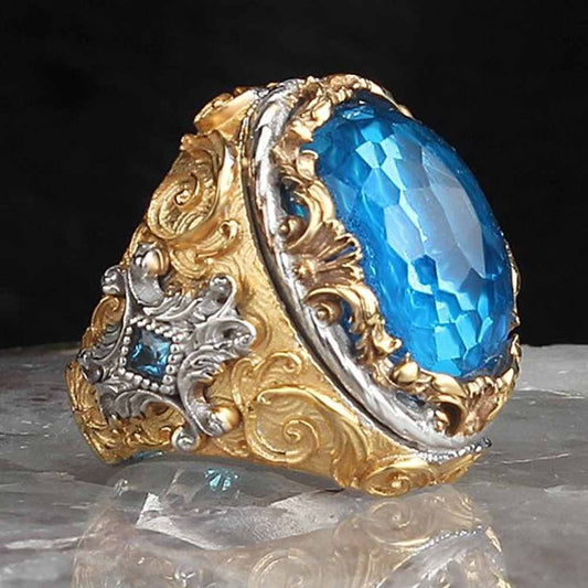 Handmade Engraved Silver Aquamarine Stone Mens Ring