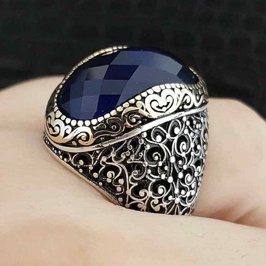 Handmade Facet Sapphire Stone Silver Polite Mens Ring