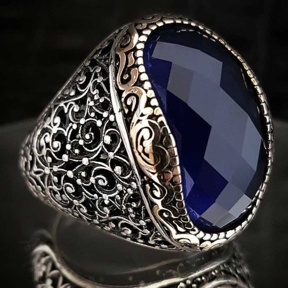 Handmade Facet Sapphire Stone Silver Polite Mens Ring