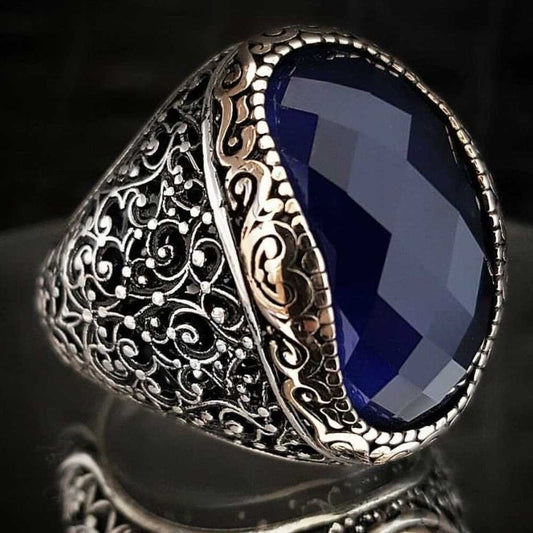 Handmade Facet Sapphire Stone Silver Polite Mens Ring