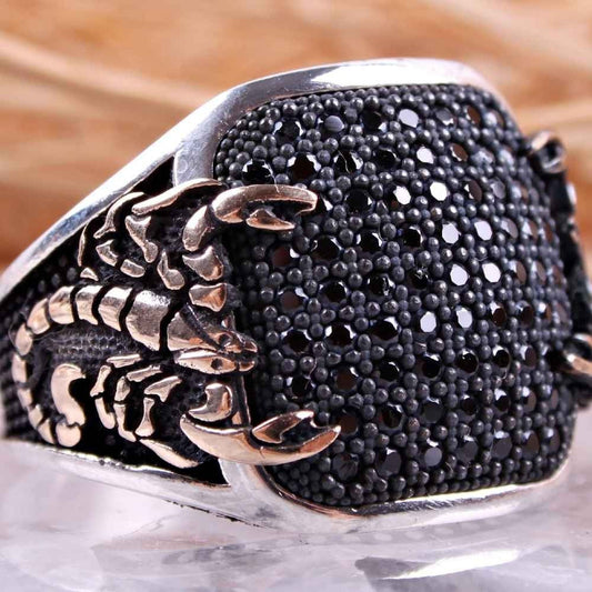 Heavy Scorpion Onyx Stone Silver Black Mens Ring