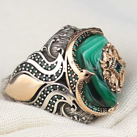 Hexagonal Green Amber Stone Silver Mens Ring