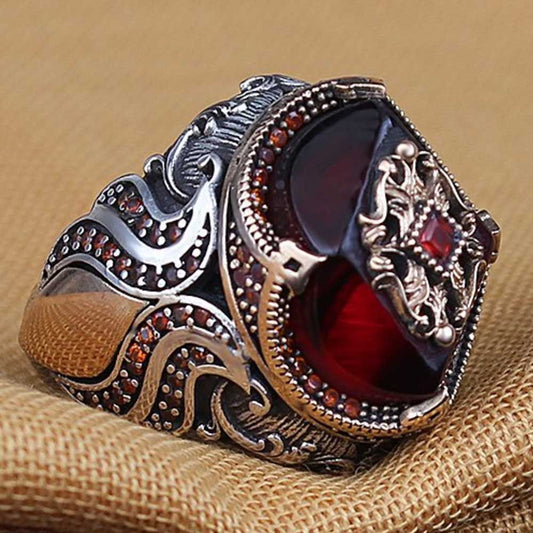 Hexagonal Ruby Stone Silver Mens Ring