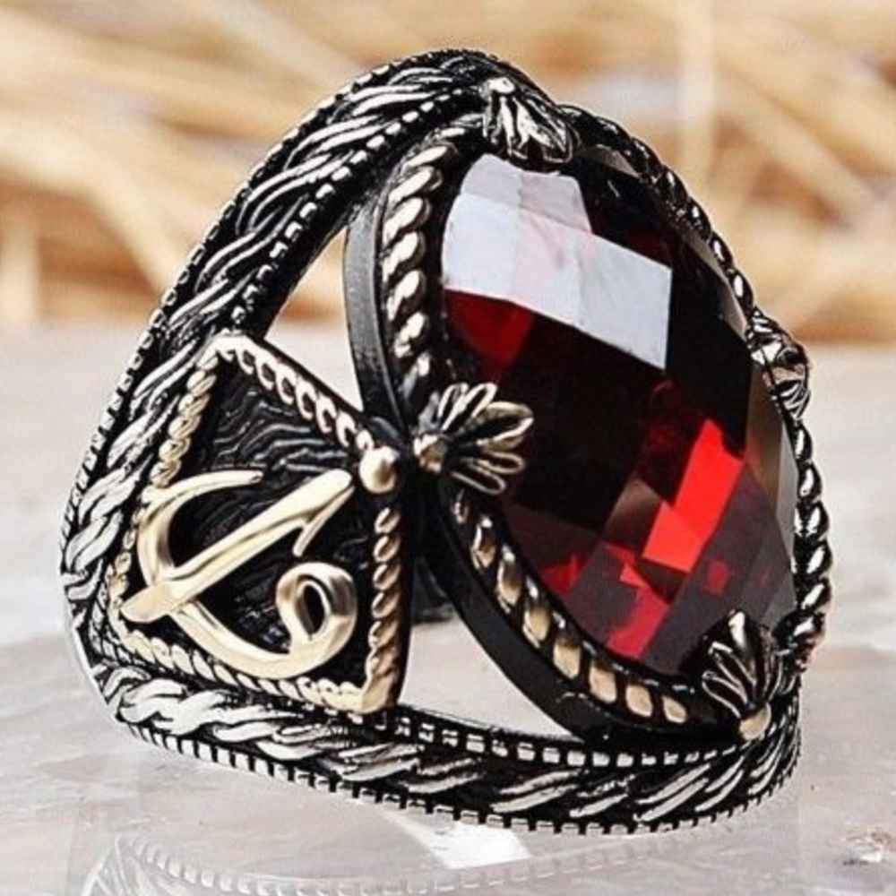 Islamic Elif Vav Silver Ruby Stone Mens Ring