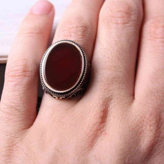 Jewelry Silver Red Agate Aqeeq Mens Ring