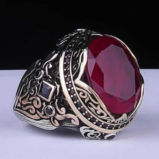 Luxury Cut Ruby and Onyx Multi Stone Silver Ring for Men