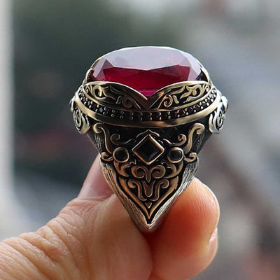 Luxury Cut Ruby and Onyx Multi Stone Silver Ring for Men