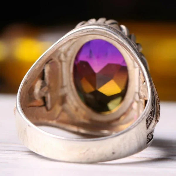 Luxury Tourmaline Stone Silver Mens Ring