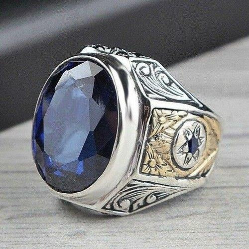 Most Popular Silver Sapphire Stone Mens Ring