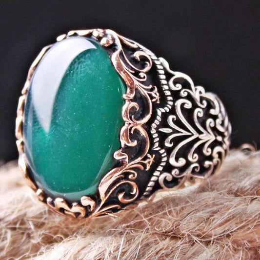 Most Popular Green Agate Style Silver Mens Ring