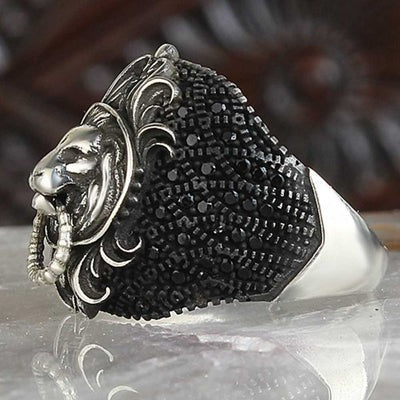 Multi Black Onyx Stone Lion Style Silver Mens Ring