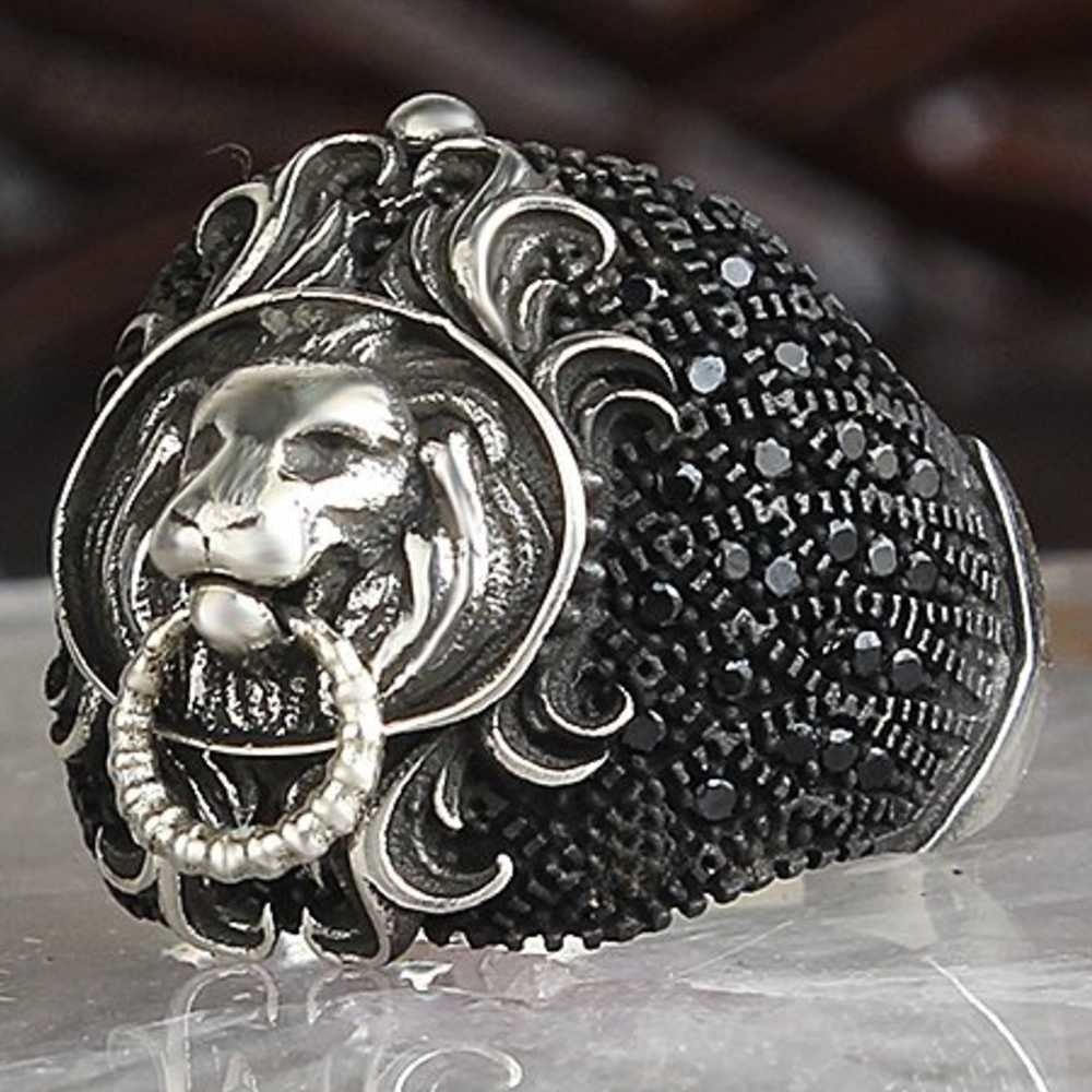Multi Black Onyx Stone Lion Style Silver Mens Ring