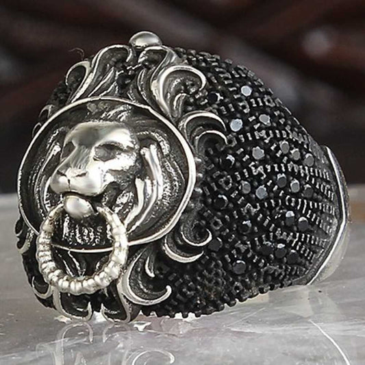Multi Black Onyx Stone Lion Style Silver Mens Ring