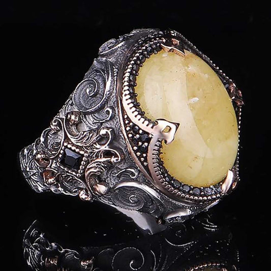 Natural Drop Amber Stone Silver Mens Ring