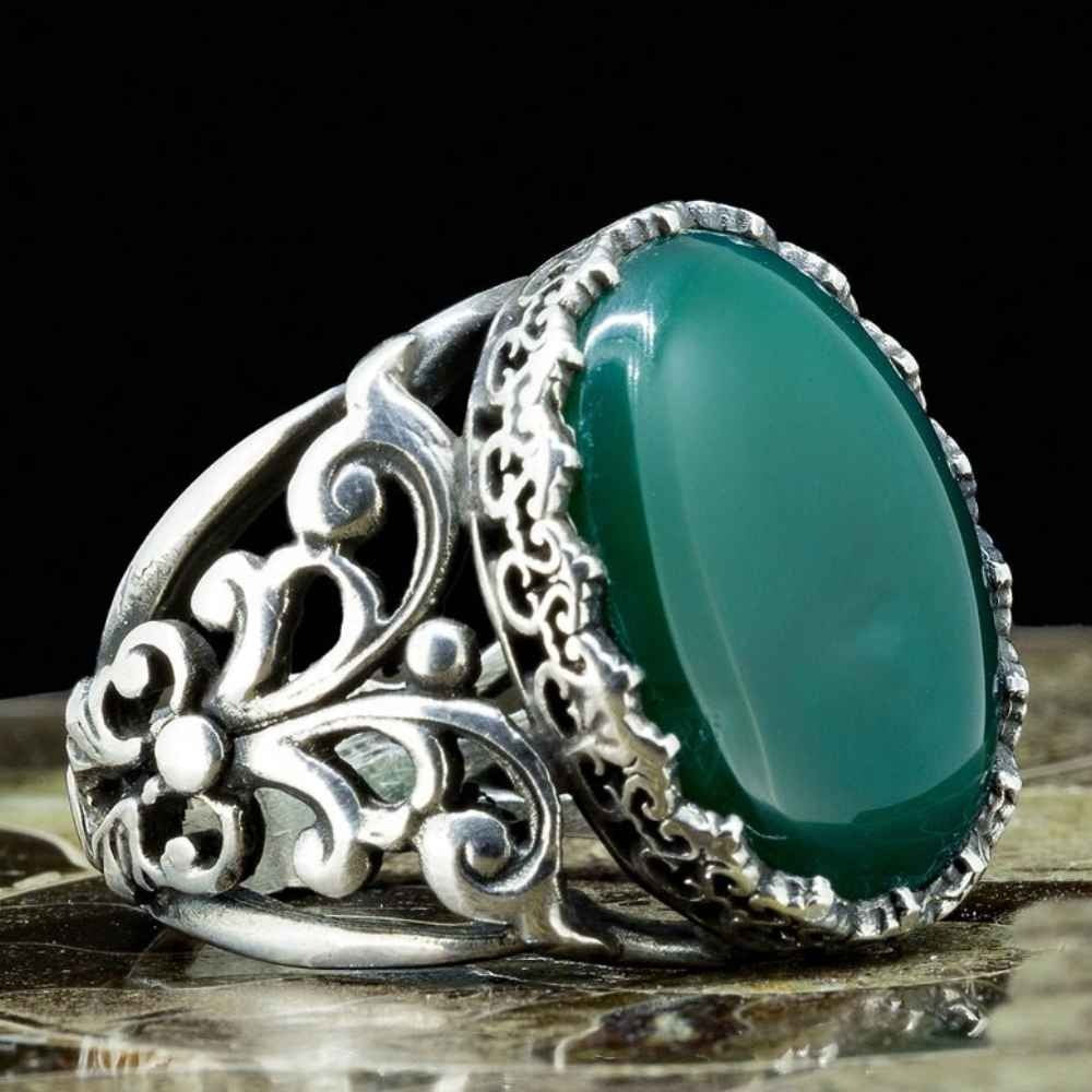 Natural Green Agate Silver Vintage Mens Ring