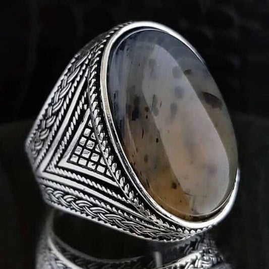 Natural Oval Yemeni Agate Stone Silver Mens Ring