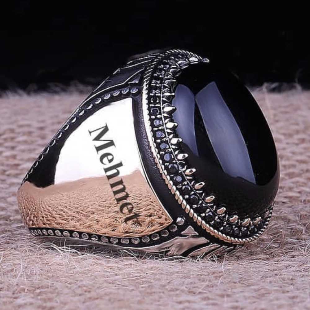 Onyx Stone Customizable Silver Mens Ring