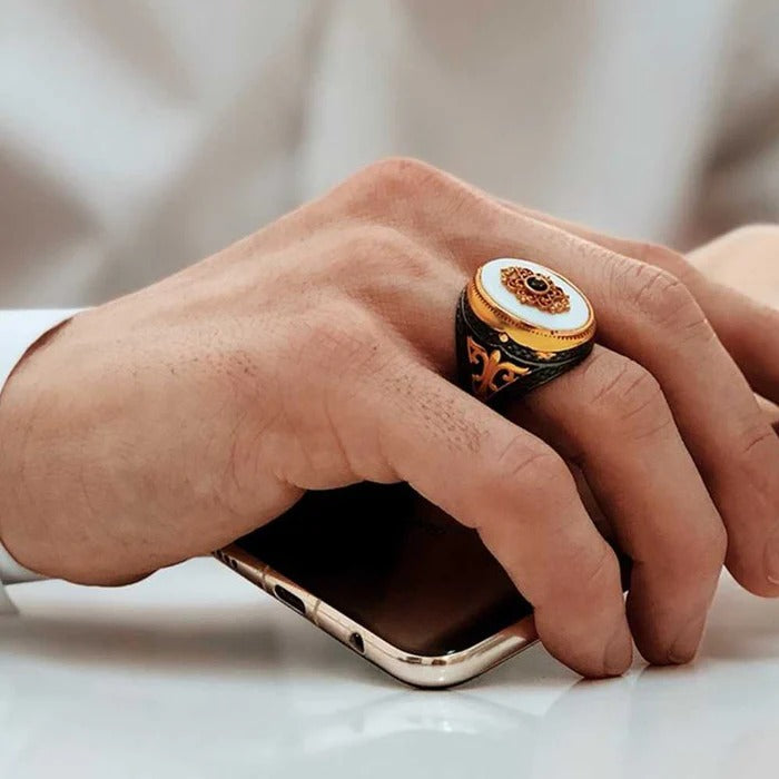 Original Pearl Stone Silver Luxury Mens Ring