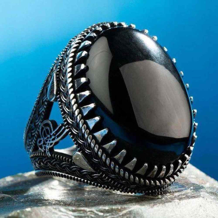 Ottoman Silver Deep Onyx Stone Mens Ring