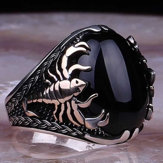 Oval Onyx Stone Scorpion Style Silver Mens Ring
