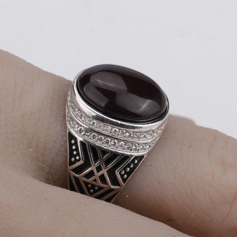 Silver with Dark Brown Agate Stone with Clear CZ Men Ring NS3 IS2 IS1 VAL1