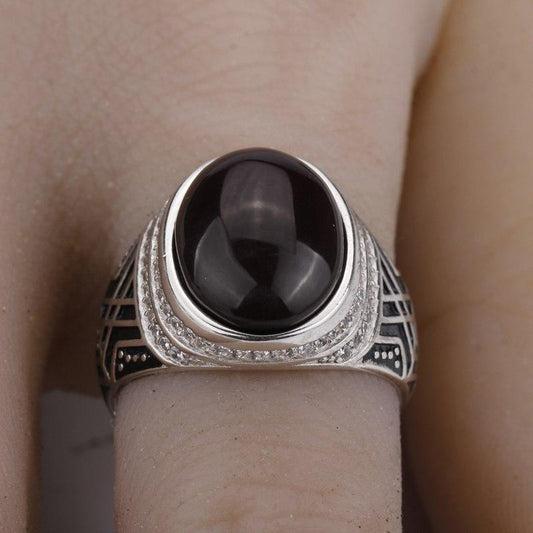 Silver with Dark Brown Agate Stone with Clear CZ Men Ring NS3 IS2 IS1 VAL1