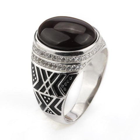 Silver with Dark Brown Agate Stone with Clear CZ Men Ring NS3 IS2 IS1 VAL1