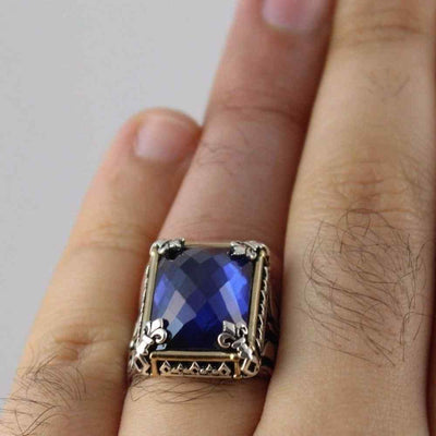 aid Faceted Sapphire Stone Luxury Silver Mens Ring