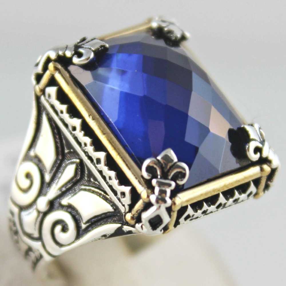 aid Faceted Sapphire Stone Luxury Silver Mens Ring