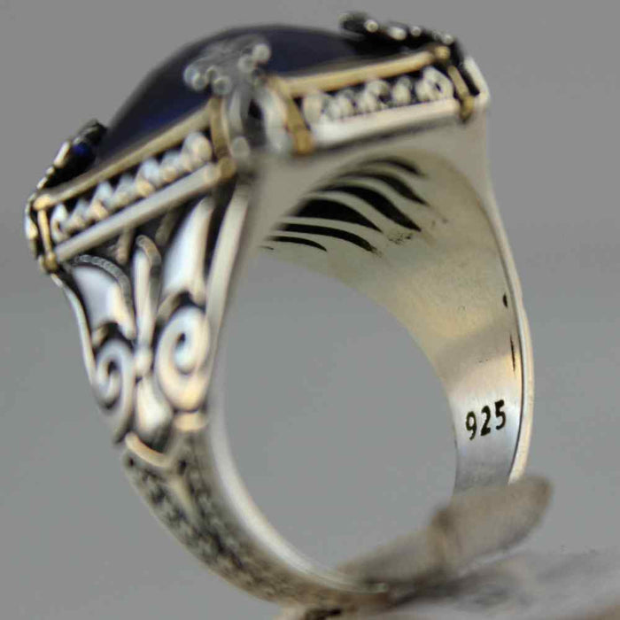 aid Faceted Sapphire Stone Luxury Silver Mens Ring