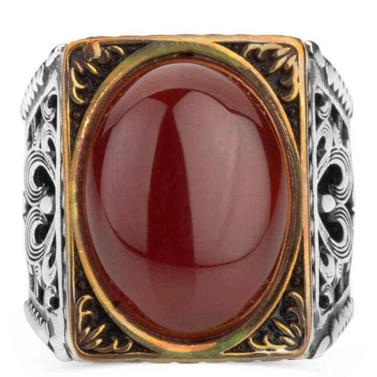 Rectangular Heavy Silver Agate Stone Mens Ring