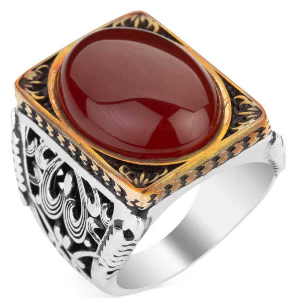Rectangular Heavy Silver Agate Stone Mens Ring