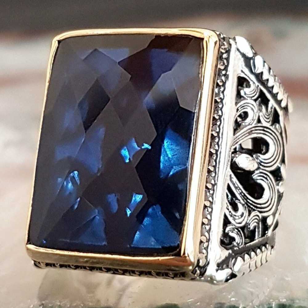 Rectangular Solid Silver Sapphire Stone Heavy Mens Ring