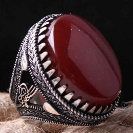Red Liver Agate Stone Handmade Silver Mens Ring