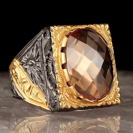 Rhodium Silver Citrine Stone Mens Ring