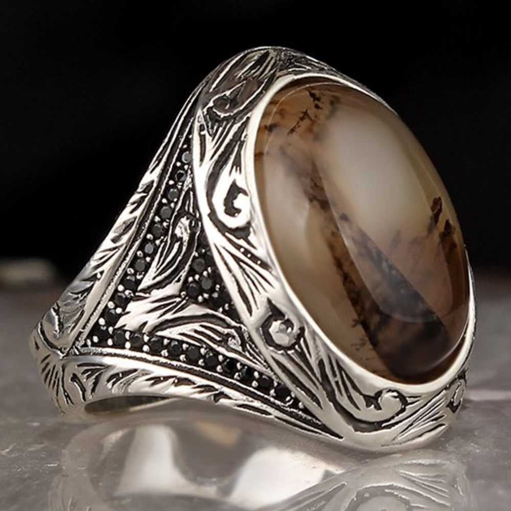 Royal Silver Natural Yemeni Agate Stone Mens Ring