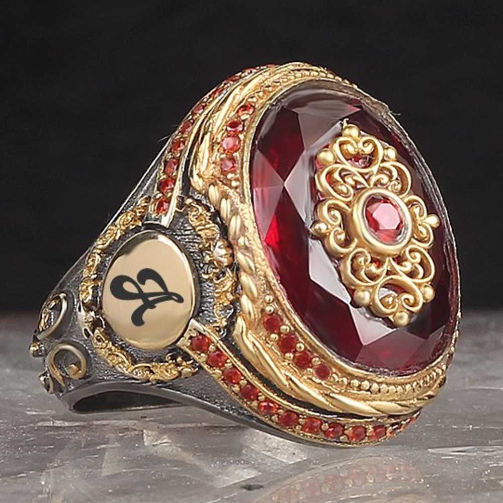 Ruby Stone Customizable Two Letter Silver Mens Ring