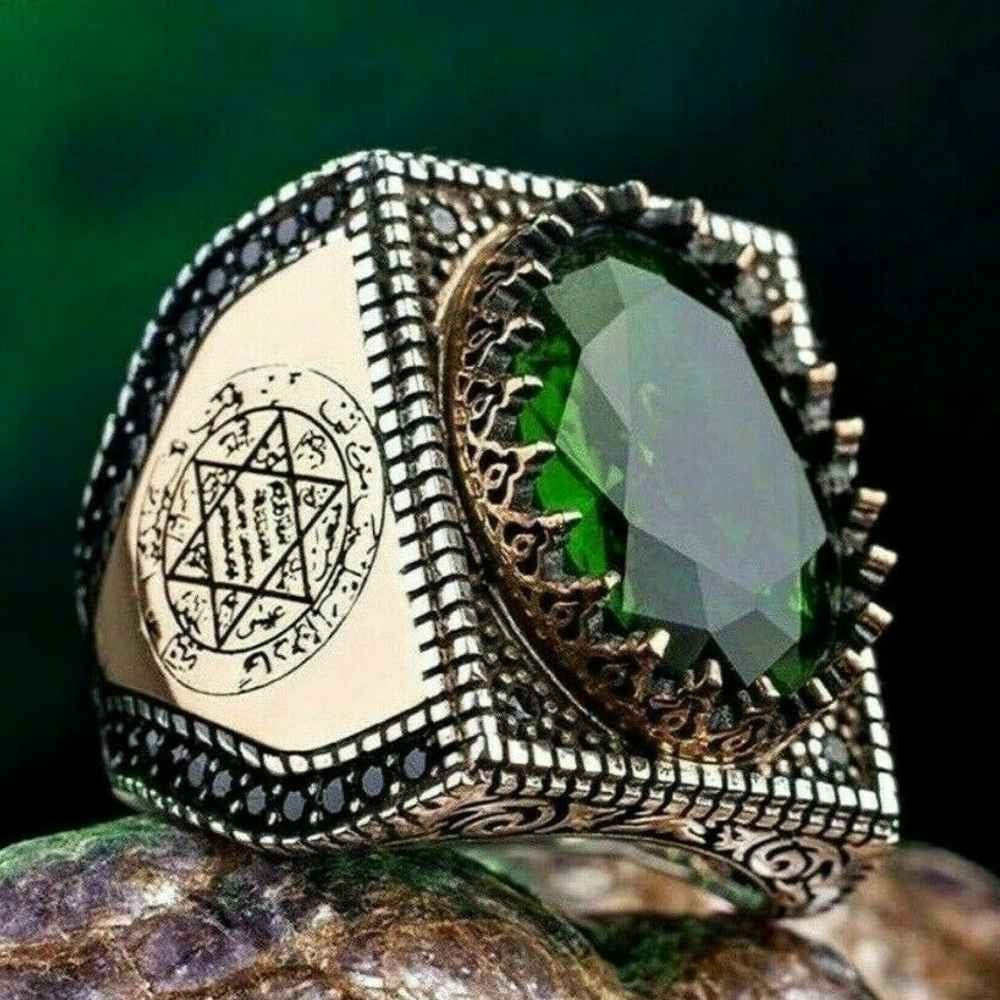 Seal of Solomon Heavy Emerald Silver Islamic Mens Ring